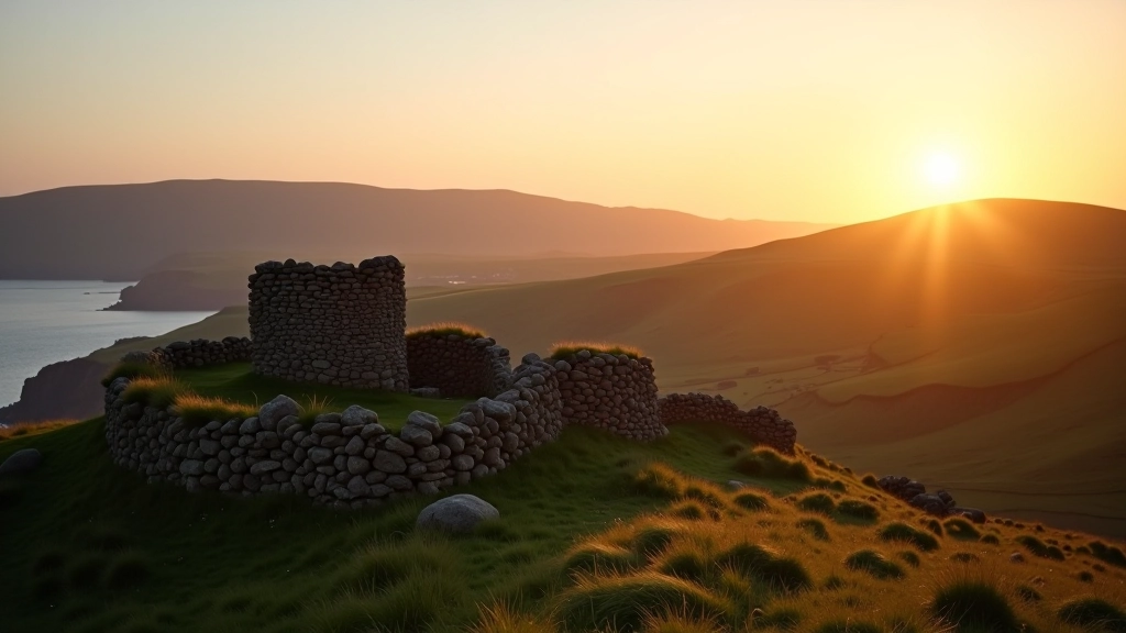 Landscape photography of stone fort ruins against dramatic sky, golden hour lighting, contemplative mood
