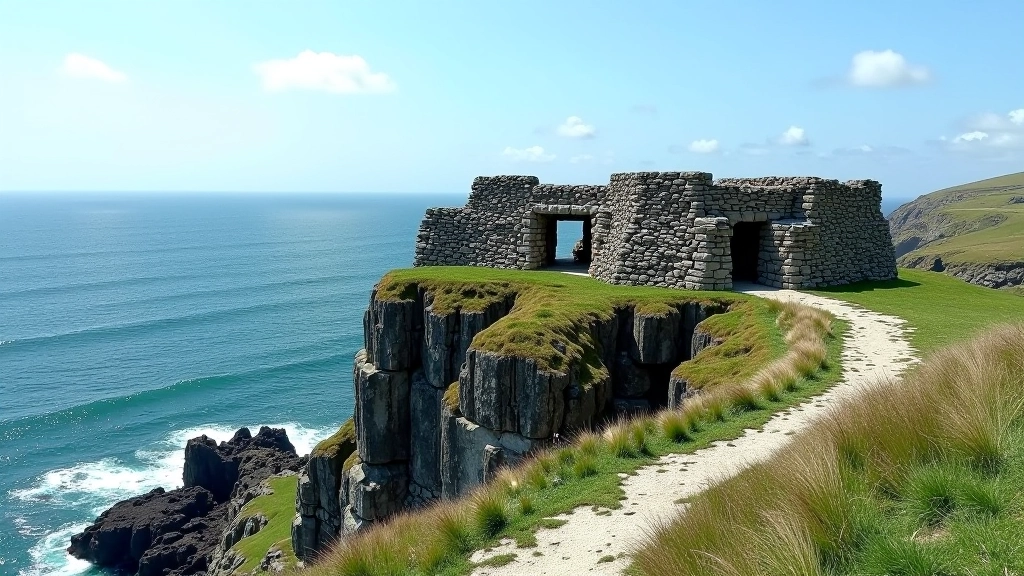 Ancient stone fort ruins at Dun Aengus perched on dramatic cliff edge, weathered walls in foreground, Atlantic Ocean horizon