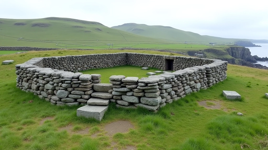 Ancient stone fort walls with weathered grey stones, Irish landscape rolling hills in background, natural daylight