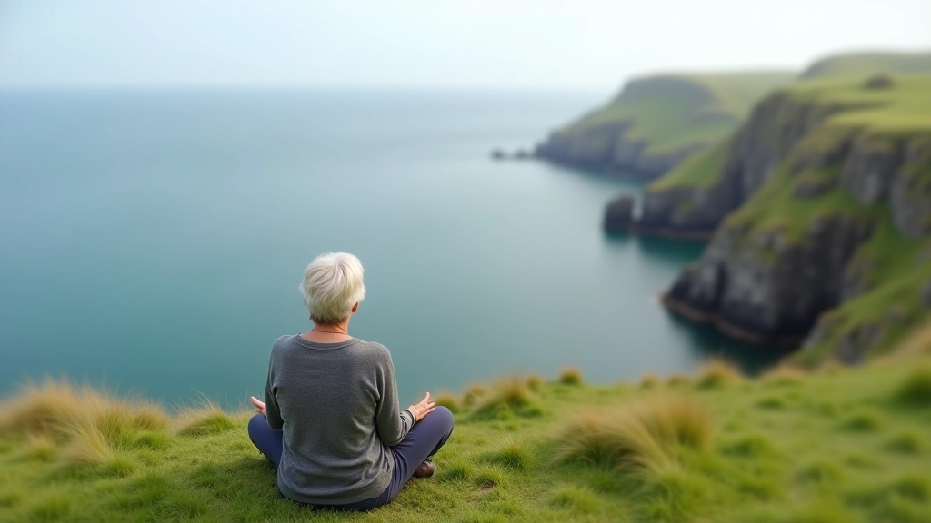 Senior woman sitting peacefully at cliff edge overlooking coastal landscape and blue ocean