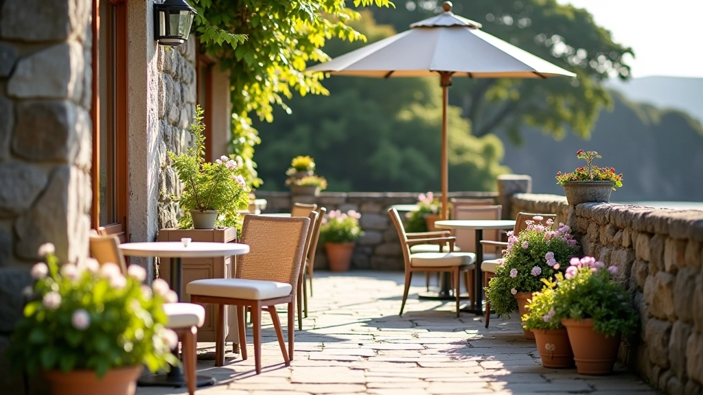 Outdoor cafe seating area with cushioned chairs facing village view, flowering plants in planters, peaceful afternoon light, no people