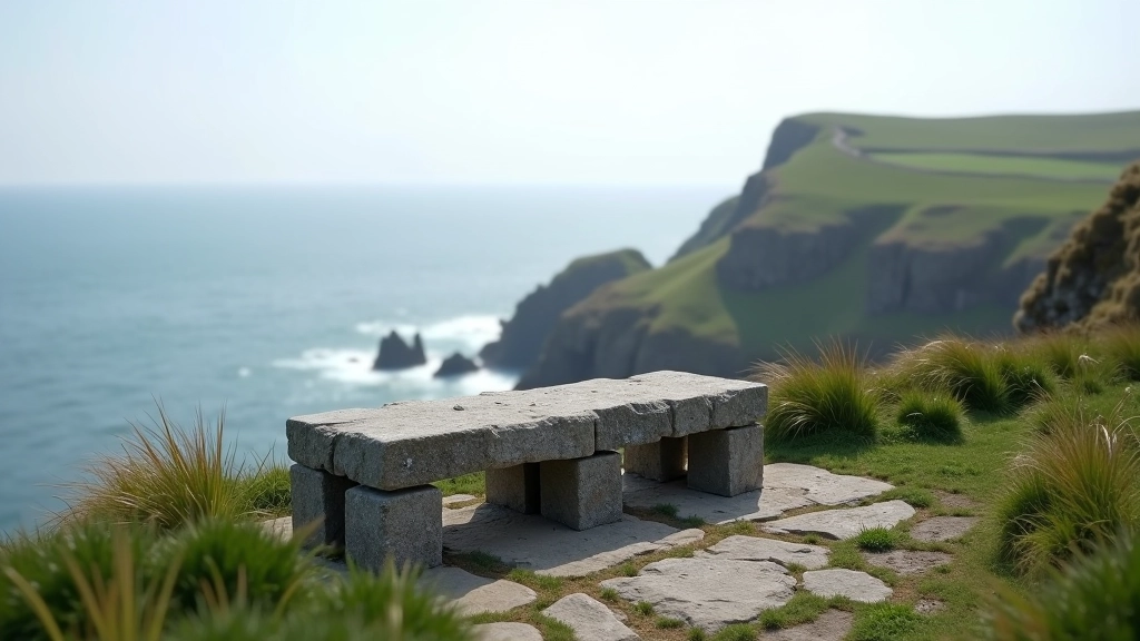 Peaceful cliff edge rest area on Inishmore with stone seating, ocean horizon view, and natural landscape, calm serene lighting
