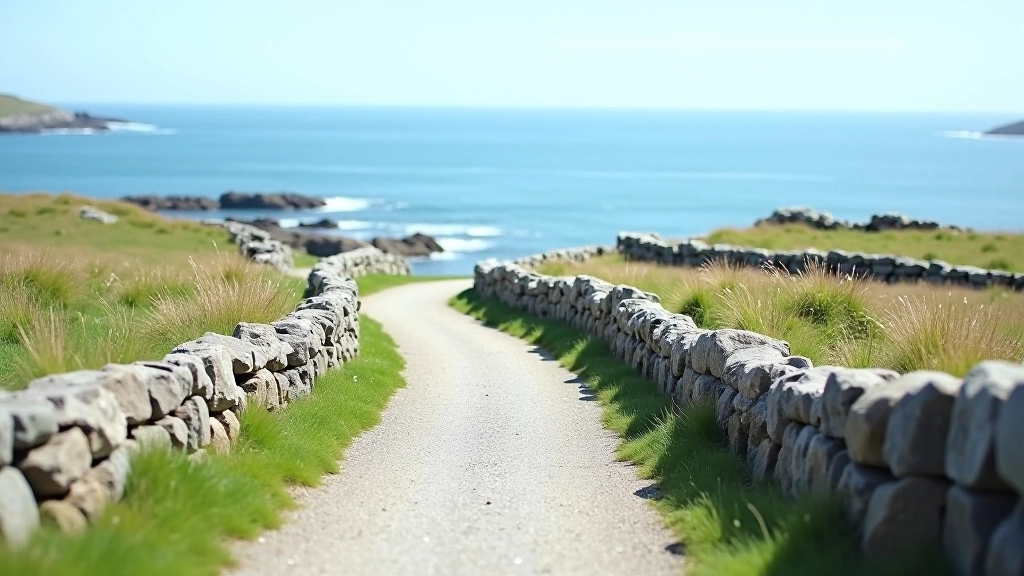 Scenic coastal pathway on Inishmore with low stone walls, flat terrain, and blue ocean waters visible in the distance under partly cloudy sky