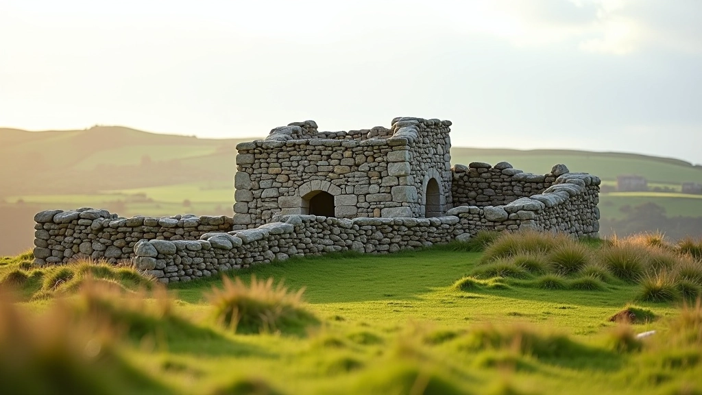 Small stone fort structure with minimal visitor presence, grassy fields surrounding, quiet peaceful atmosphere