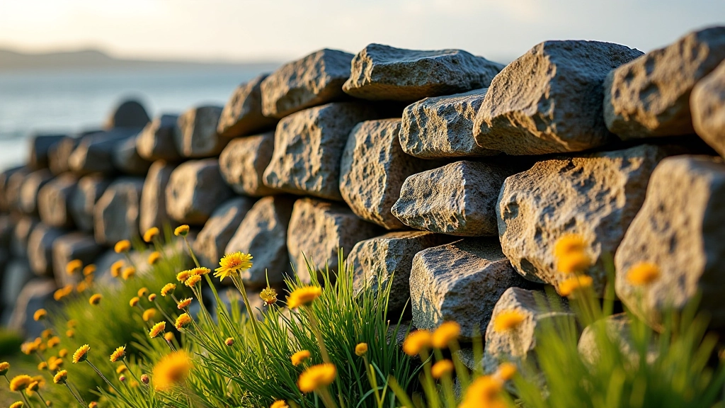 Close-up photograph of traditional Irish stone wall with lichen patterns, wildflowers growing at base, morning sunlight creating long shadows